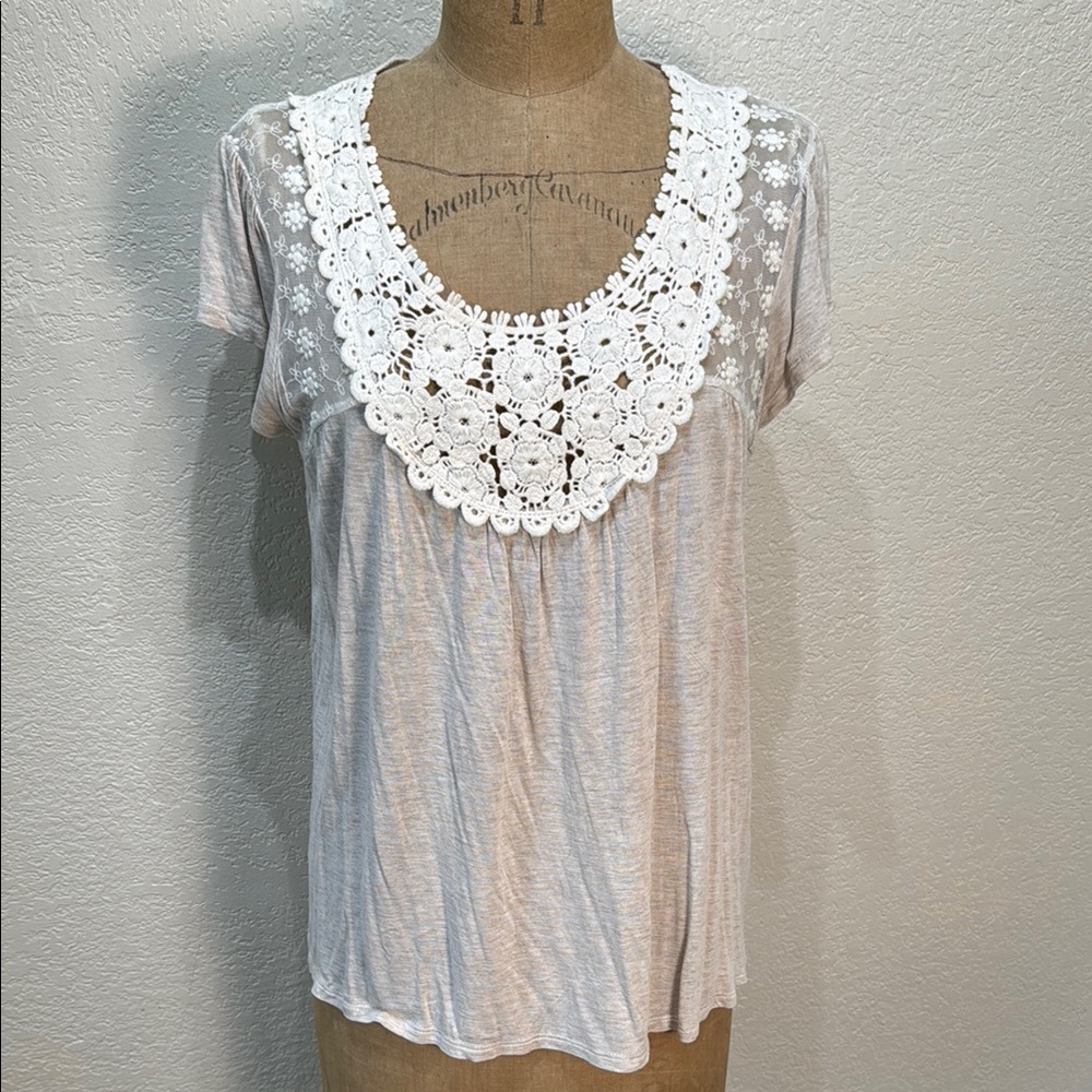 Jolt Women XL Cream With White Sheer Lace‎ Detail Short Sleeve Top